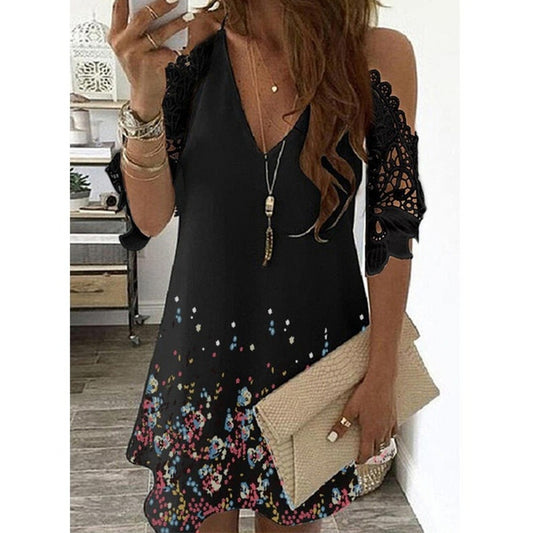 Sexy Off Shoulder Dress Women Vintage Floral Print Lace Half Sleeve Mini Dresses Casual Sling V Neck Boho Beach Party Dresses