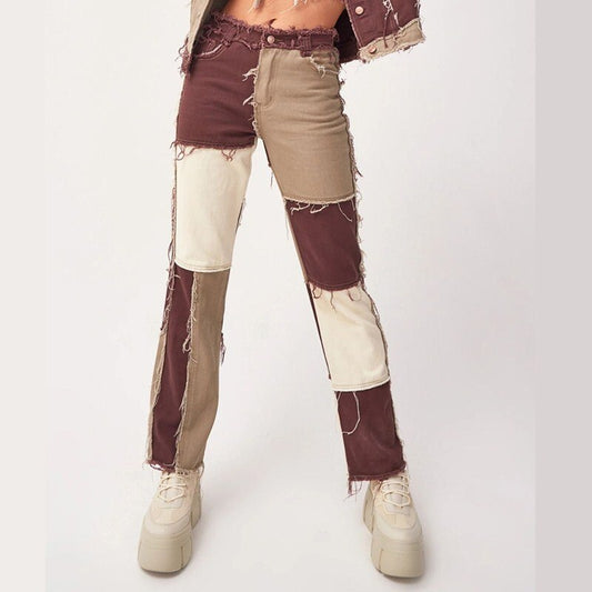 New Woman Patchwork Jeans Fashion High Waist Hip Hop Straight Jeans Ladies Trousers 2021 Female Street Costumes