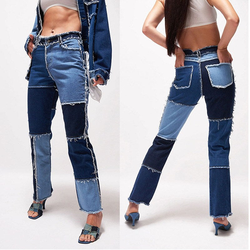 New Woman Patchwork Jeans Fashion High Waist Hip Hop Straight Jeans Ladies Trousers 2021 Female Street Costumes