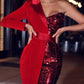 Red Pactwork Sequined Dress Asymetrical One Shoulder Long Sleeve Party Dresses Ladies Colorblock Blazer Dress