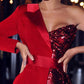 Red Pactwork Sequined Dress Asymetrical One Shoulder Long Sleeve Party Dresses Ladies Colorblock Blazer Dress