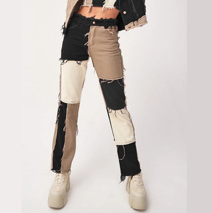 New Woman Patchwork Jeans Fashion High Waist Hip Hop Straight Jeans Ladies Trousers 2021 Female Street Costumes