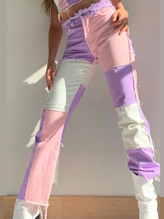 New Woman Patchwork Jeans Fashion High Waist Hip Hop Straight Jeans Ladies Trousers 2021 Female Street Costumes