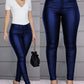 Solid Buttoned Casual Coated PU Pants Women Skinny Pencil Pants