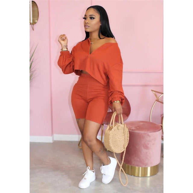 Plus Size Two Piece Set Women Tracksuit V-neck Long Sleeve Top Biker Shorts Sweat Suit 2 Piece Outfits Matching Sets Loungewear