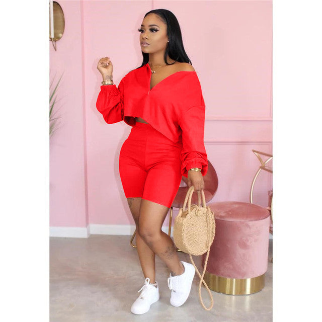 Plus Size Two Piece Set Women Tracksuit V-neck Long Sleeve Top Biker Shorts Sweat Suit 2 Piece Outfits Matching Sets Loungewear