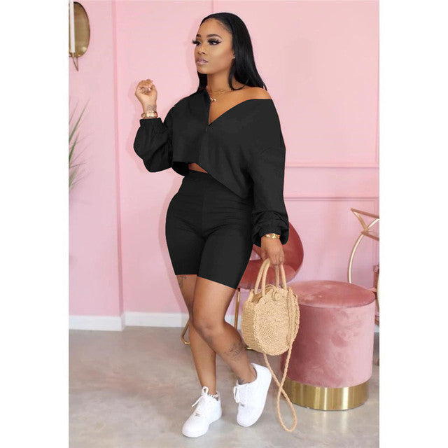 Plus Size Two Piece Set Women Tracksuit V-neck Long Sleeve Top Biker Shorts Sweat Suit 2 Piece Outfits Matching Sets Loungewear
