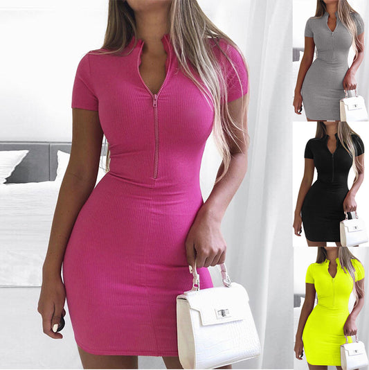 New Thread Knit Summer Women Mini Dress 2020 Sexy High Neck Short Sleeve Bag Hips Dresses Slim Vestidos Zipper Neon Green Dress