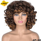 Short Hair Afro Curly Wig With Bangs Loose Synthetic Cosplay Fluffy Shoulder Length Natural Wigs For Black Women Dark Brown 14&quot;