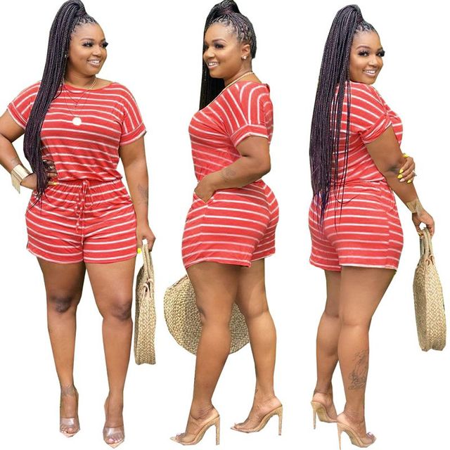 HAOYUAN Striped Plus Size Two Piece Set Women Tracksuits Summer Outfits Top Biker Shorts Sweat Suits Lounge wear Matching Sets