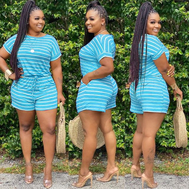 HAOYUAN Striped Plus Size Two Piece Set Women Tracksuits Summer Outfits Top Biker Shorts Sweat Suits Lounge wear Matching Sets