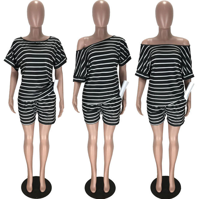 HAOYUAN Striped Plus Size Two Piece Set Women Tracksuits Summer Outfits Top Biker Shorts Sweat Suits Lounge wear Matching Sets