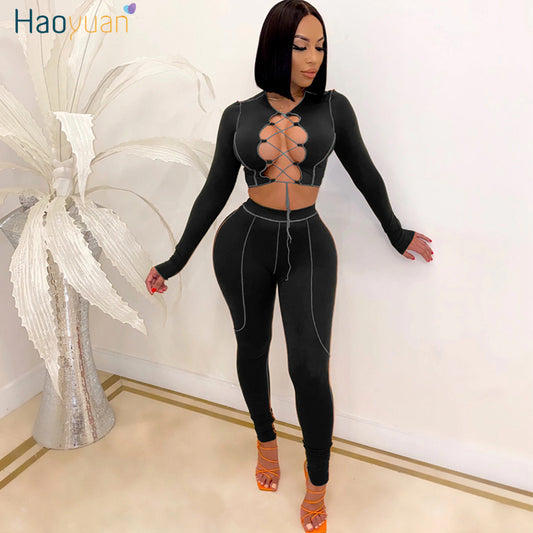 HAOYUAN Sexy Two Piece Set Criss-cross Lace Up Crop Top Pant Sweat Suits Party Club Birthday Outfits for Women Bodycon Tracksuit