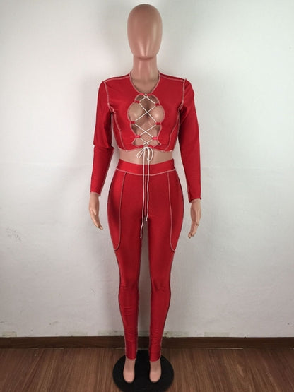 HAOYUAN Sexy Two Piece Set Criss-cross Lace Up Crop Top Pant Sweat Suits Party Club Birthday Outfits for Women Bodycon Tracksuit