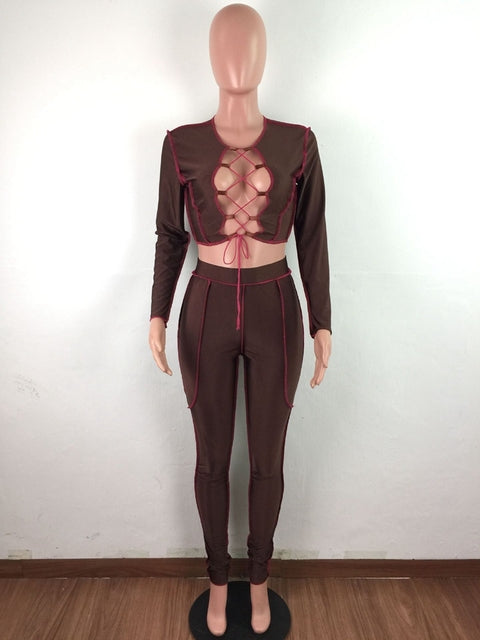HAOYUAN Sexy Two Piece Set Criss-cross Lace Up Crop Top Pant Sweat Suits Party Club Birthday Outfits for Women Bodycon Tracksuit