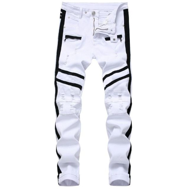 Men Hip-hop Stripe design Patchwork Ripped Stretch Slim Jeans Streetwear Cotton Male Casual Joggers Denim trousers Plus Size 42