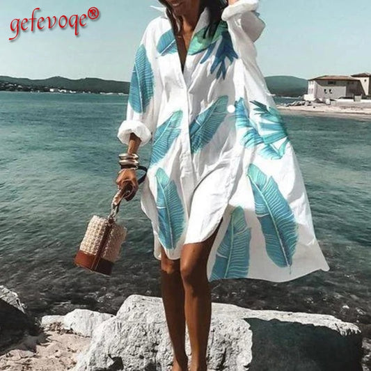2021 Summer Women Dresses Turn-down Collar Print Casual Long Sleeve Shirt Dress Plus Size Loose Beach Party Vestidos Robe Blouse