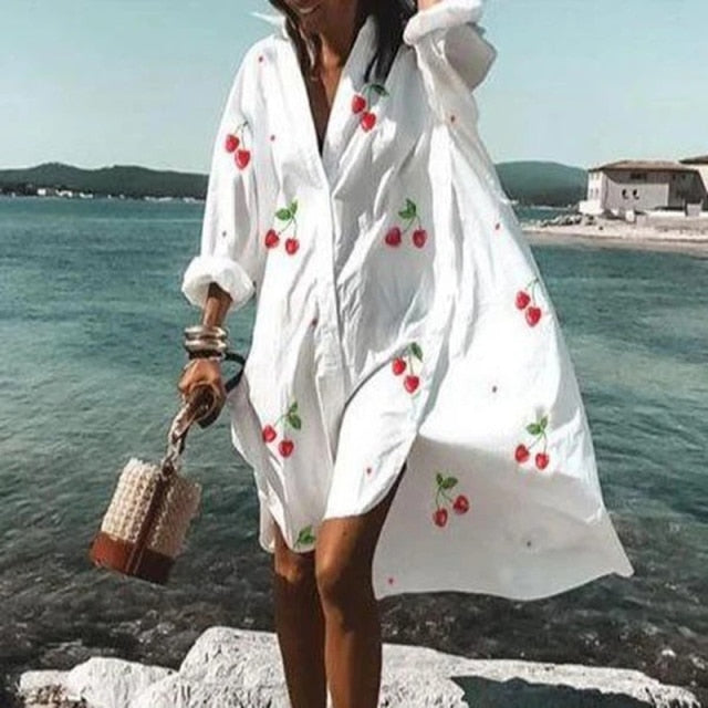 2021 Summer Women Dresses Turn-down Collar Print Casual Long Sleeve Shirt Dress Plus Size Loose Beach Party Vestidos Robe Blouse
