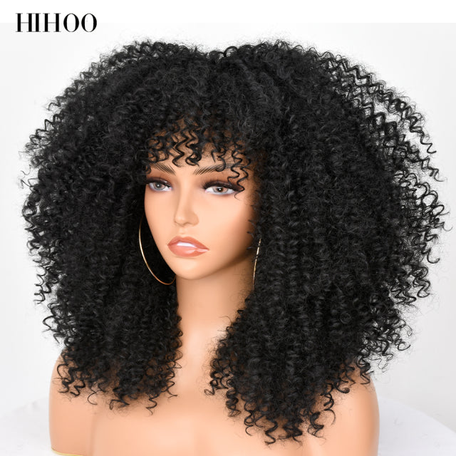 16&#39;&#39;Short Hair Afro Kinky Curly Wig With Bangs For Black Women Cosplay Lolita Synthetic Natural Glueless Brown Mixed Blonde Wigs