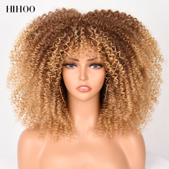 16&#39;&#39;Short Hair Afro Kinky Curly Wig With Bangs For Black Women Cosplay Lolita Synthetic Natural Glueless Brown Mixed Blonde Wigs