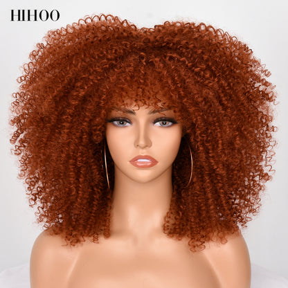 16&#39;&#39;Short Hair Afro Kinky Curly Wig With Bangs For Black Women Cosplay Lolita Synthetic Natural Glueless Brown Mixed Blonde Wigs