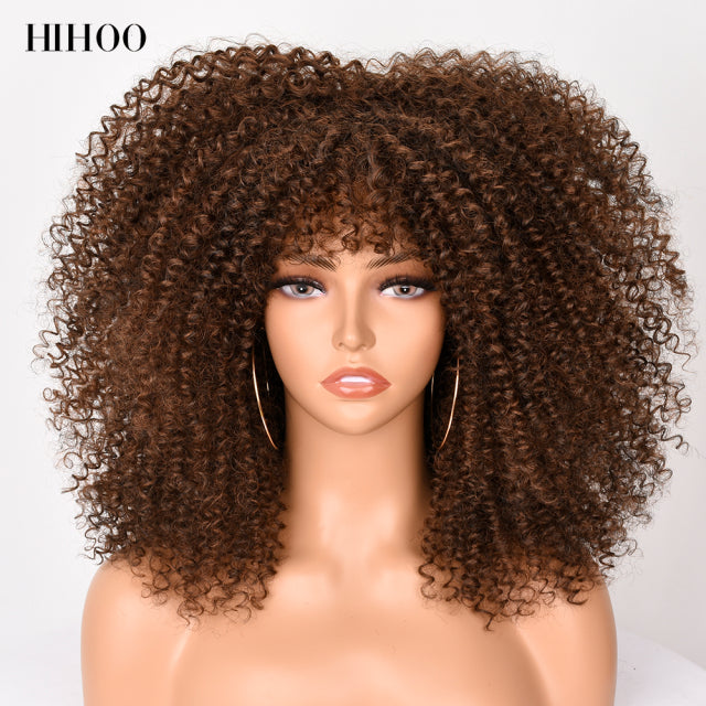 16&#39;&#39;Short Hair Afro Kinky Curly Wig With Bangs For Black Women Cosplay Lolita Synthetic Natural Glueless Brown Mixed Blonde Wigs