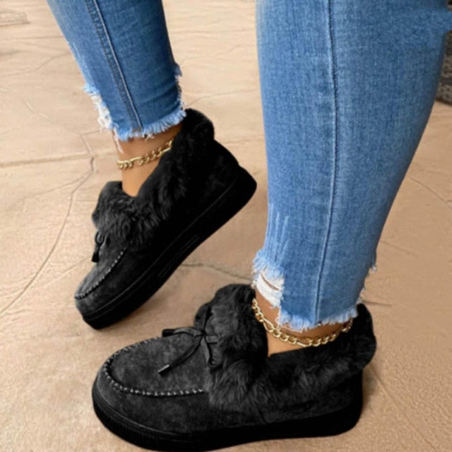 2021 New Women Winter Cotton Shoes Ladies Bowknot Plush Warm Snow Boots Casual Solid Color Flat Short Boots Furry Zapatos Mujer