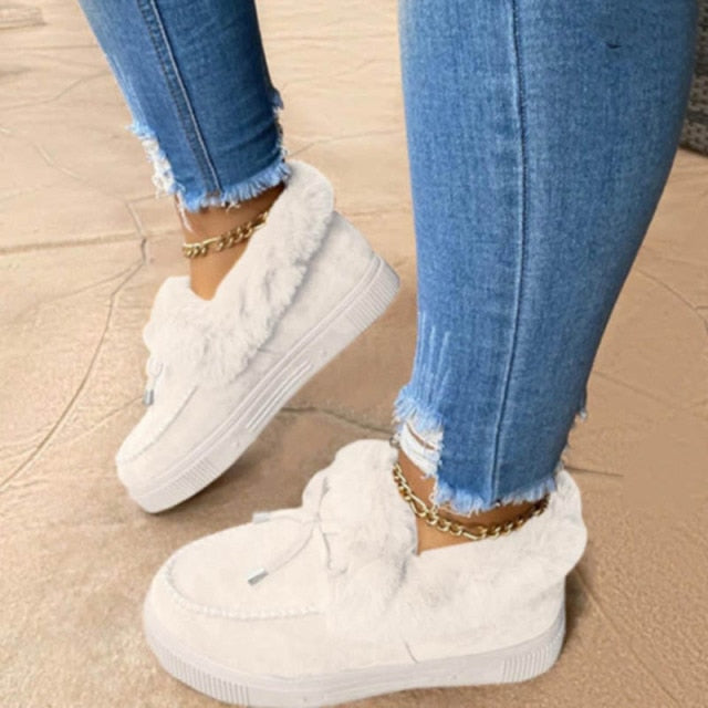 2021 New Women Winter Cotton Shoes Ladies Bowknot Plush Warm Snow Boots Casual Solid Color Flat Short Boots Furry Zapatos Mujer