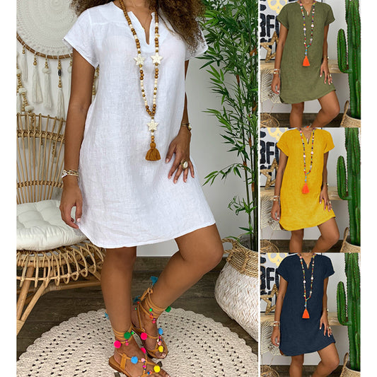 Women Short Sleeve Dress Casual Loose V Neck Cotton Linen Mini Dress 2021 Summer Beach Sundress Ladies Streetwear Plus Size 5XL