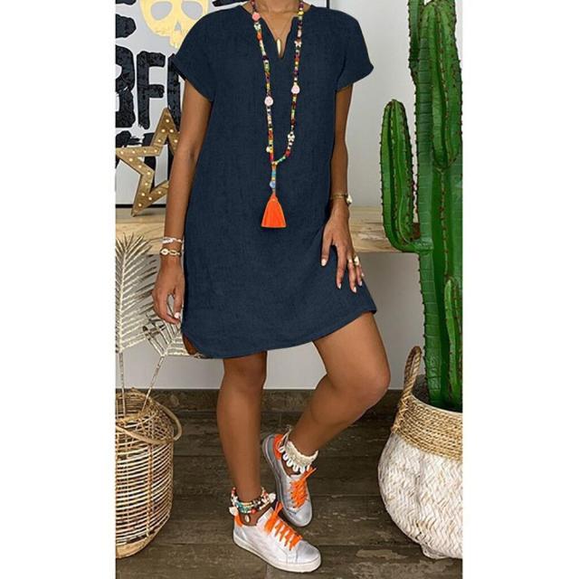 Women Short Sleeve Dress Casual Loose V Neck Cotton Linen Mini Dress 2021 Summer Beach Sundress Ladies Streetwear Plus Size 5XL
