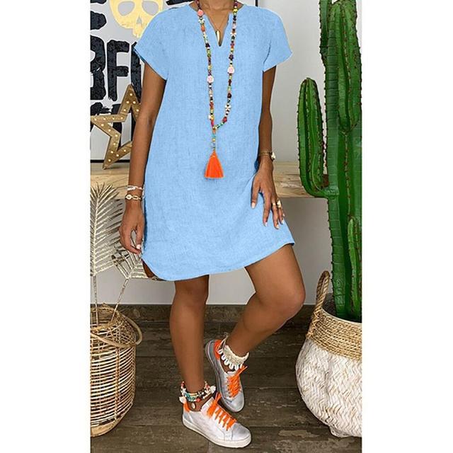 Women Short Sleeve Dress Casual Loose V Neck Cotton Linen Mini Dress 2021 Summer Beach Sundress Ladies Streetwear Plus Size 5XL