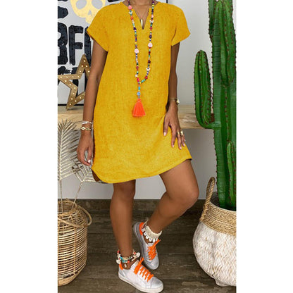 Women Short Sleeve Dress Casual Loose V Neck Cotton Linen Mini Dress 2021 Summer Beach Sundress Ladies Streetwear Plus Size 5XL