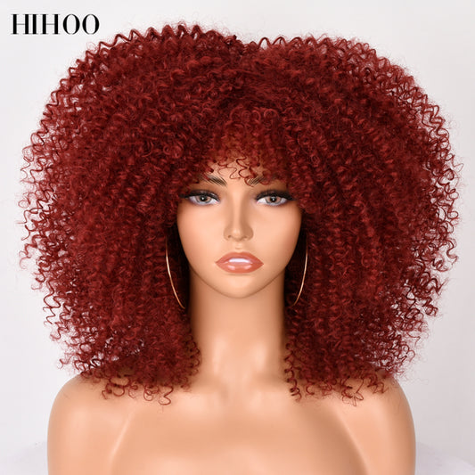 16&#39;&#39;Short Hair Afro Kinky Curly Wig With Bangs For Black Women Cosplay Lolita Synthetic Natural Glueless Brown Mixed Blonde Wigs