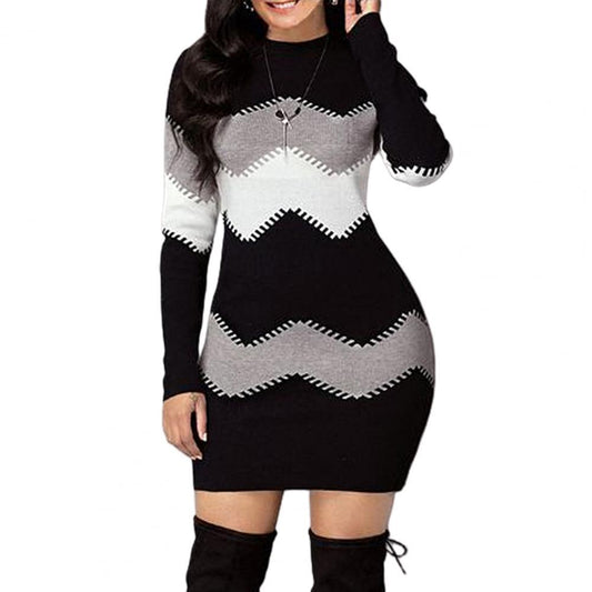 Women Autumn Knitted Mini Sweater Dress Multi-color Top Casual Long-sleeved Striped Sweater Slim Christmas Sweaters for Female