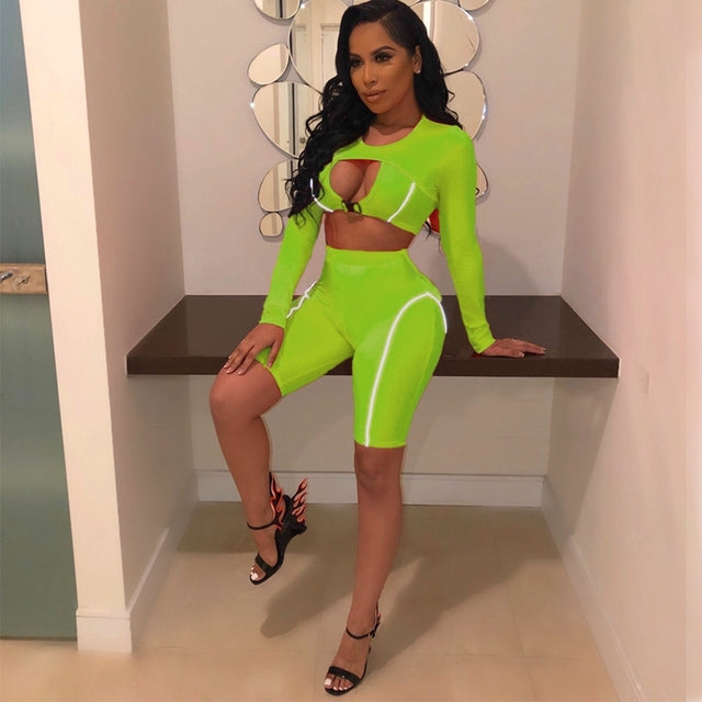 HAOYUAN Two Piece Set Women Fall Tracksuit Festival Clothing Crop Top Biker Shorts Sweat Suits Matching Sets Sexy Club Outfits