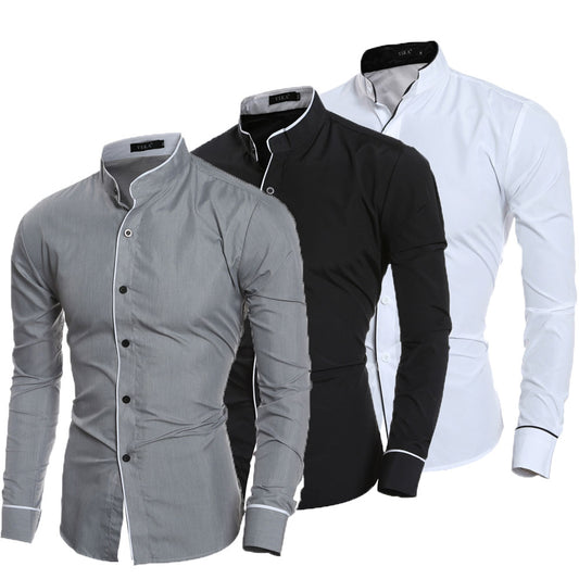 Men Stand Collar Shirt Long Sleeve Turn Down Collar Slim Pure Colors Solid Fit Business Shirts Male