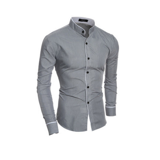 Men Stand Collar Shirt Long Sleeve Turn Down Collar Slim Pure Colors Solid Fit Business Shirts Male