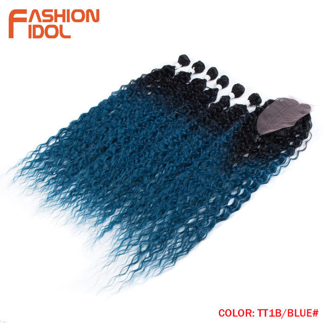Synthetic Fake Hair Extensions Afro Kinky Curly Hair Bundles With Closure Ombre Golden 30 inch Soft Super Long Wave Hair Weave