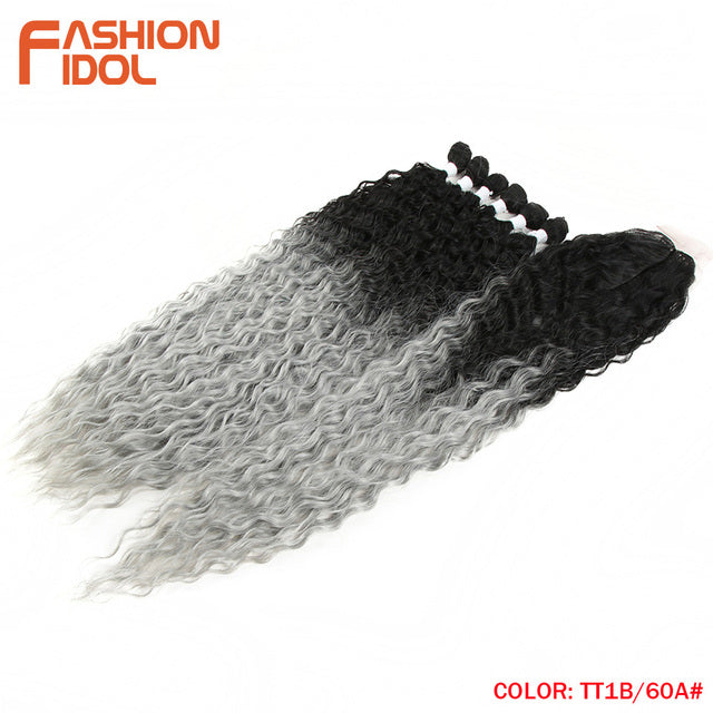 Synthetic Fake Hair Extensions Afro Kinky Curly Hair Bundles With Closure Ombre Golden 30 inch Soft Super Long Wave Hair Weave