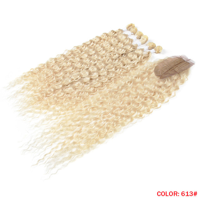 Synthetic Fake Hair Extensions Afro Kinky Curly Hair Bundles With Closure Ombre Golden 30 inch Soft Super Long Wave Hair Weave