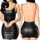 New Sexy Faux Leather Dress Backless Club Party Short Dress Solid Black Wet Look Latex Bodycon Push Up Bra Mini Micro Dress