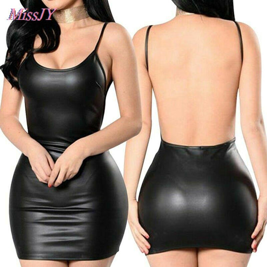 New Sexy Faux Leather Dress Backless Club Party Short Dress Solid Black Wet Look Latex Bodycon Push Up Bra Mini Micro Dress