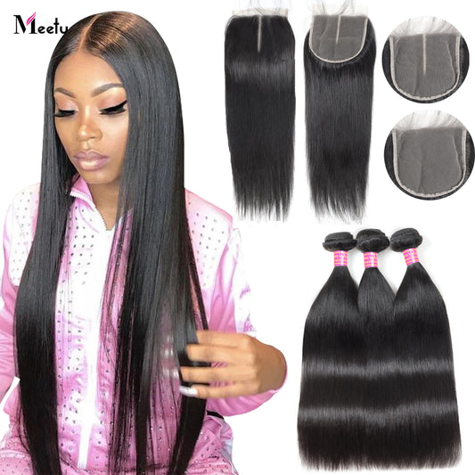 Bone Straight Human Hair Bundles With Closure Lace Closures With Bundles Brazilian Hair Weave Bundles With Closure Remy Hair