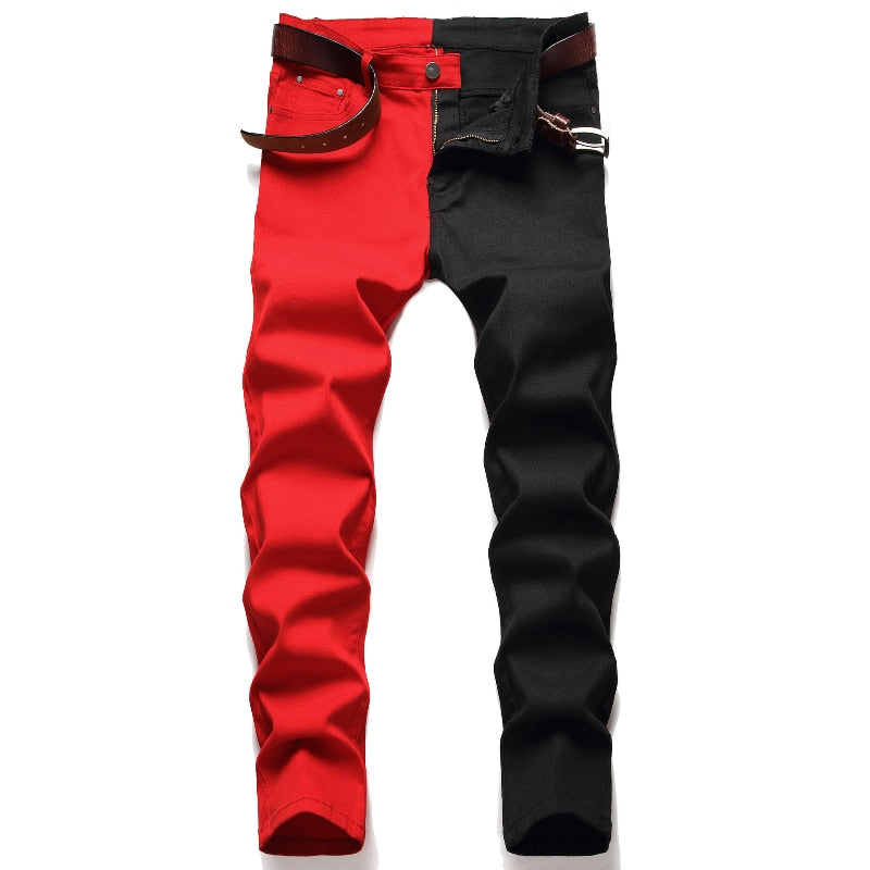 Brand Red Black Stitching Men Jeans Autumn Winter New Slim Skinny Stretch Street Hip Hop Male Elastic Denim Pants 28-40