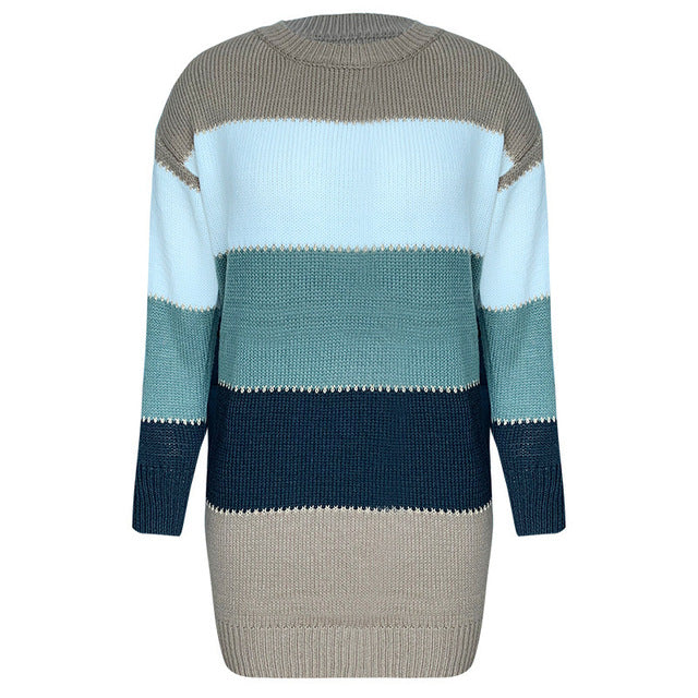 Women&#39;s O Neck Sweater Dress Patchwork Color Long Sleeve Knitted Pullover Casual Lady Clothing Striped Sexy Night Party Dresses