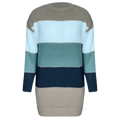 Women&#39;s O Neck Sweater Dress Patchwork Color Long Sleeve Knitted Pullover Casual Lady Clothing Striped Sexy Night Party Dresses
