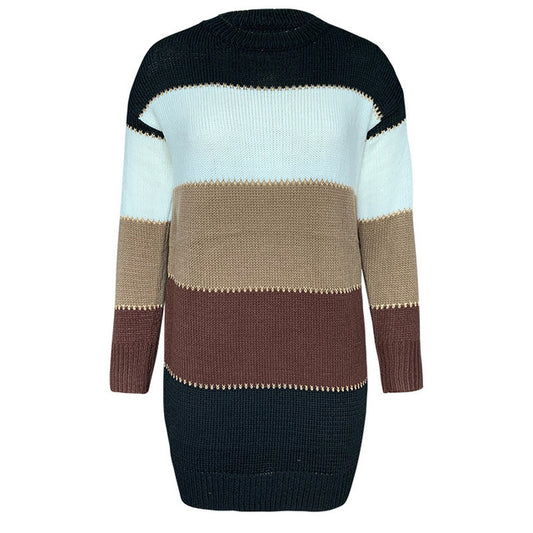 Women&#39;s O Neck Sweater Dress Patchwork Color Long Sleeve Knitted Pullover Casual Lady Clothing Striped Sexy Night Party Dresses