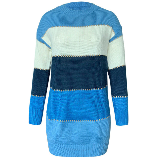 Women&#39;s O Neck Sweater Dress Patchwork Color Long Sleeve Knitted Pullover Casual Lady Clothing Striped Sexy Night Party Dresses