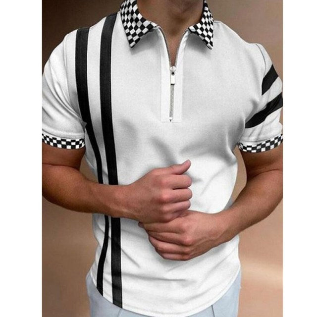 2021 New Men Polo Shirts Summer High Quality Casual Daily Short Sleeve Striped Mens Shirts Turn-Down Collar Zippers TEES Men