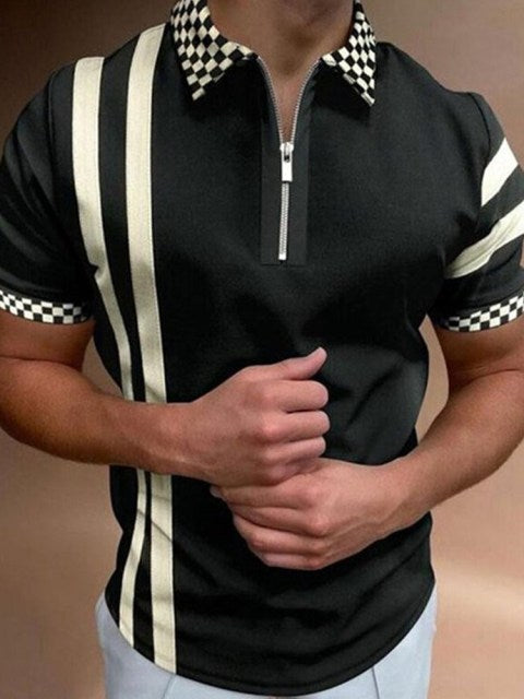 2021 New Men Polo Shirts Summer High Quality Casual Daily Short Sleeve Striped Mens Shirts Turn-Down Collar Zippers TEES Men